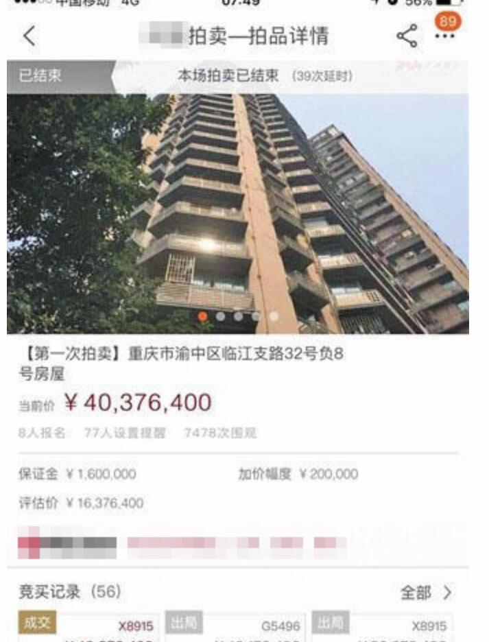重庆解放碑这套房子拍卖溢价2400万